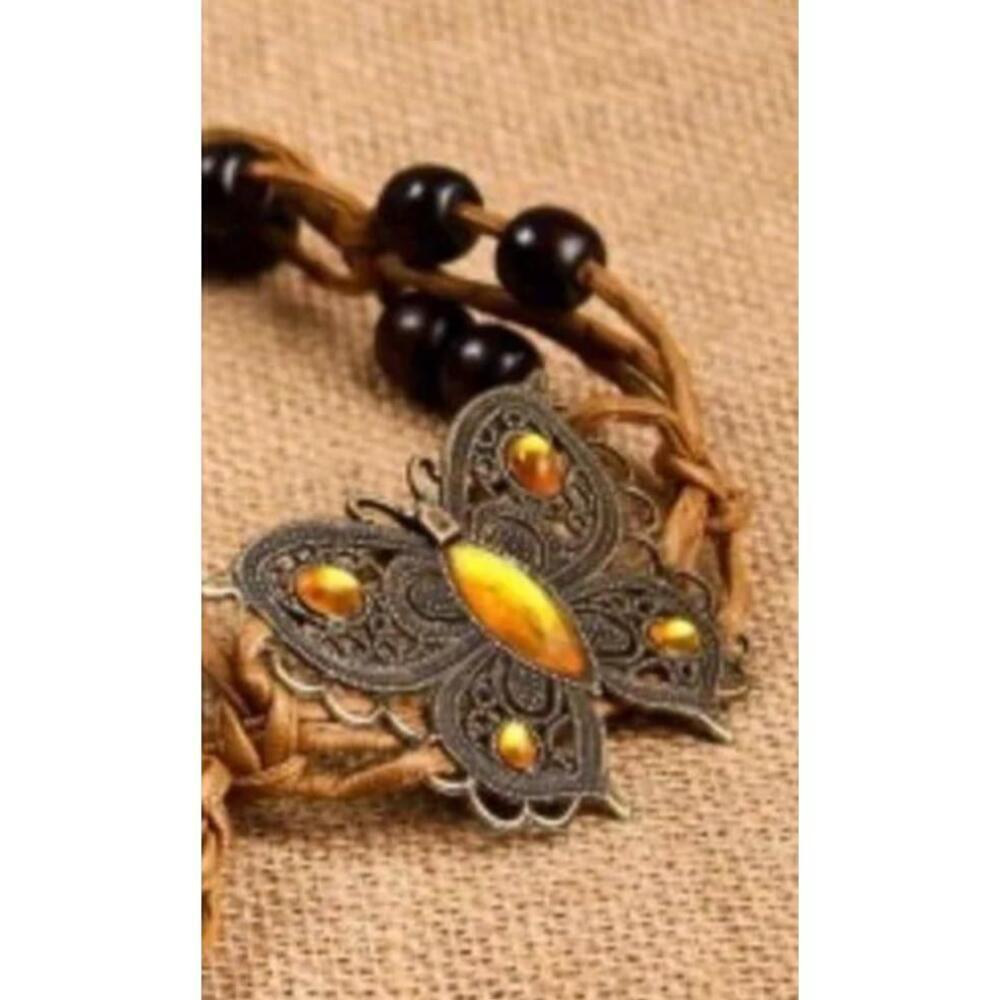 Boho Woven Adjustable Rope Belt With Yellow Butterfly Design - Picture 3 of 5